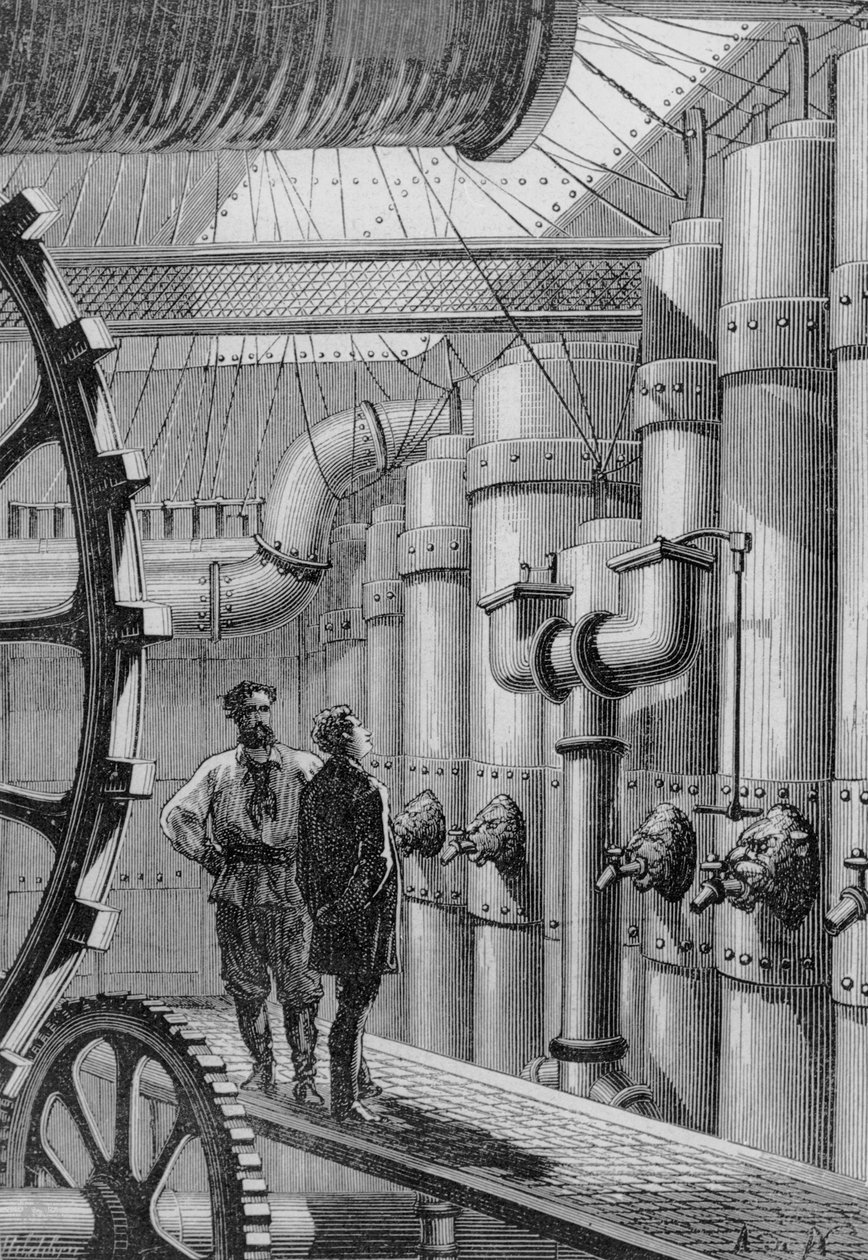 Nemo kapitány a Nautilus tengeralattjáróban, Jules Verne (1828-1905) „20 000 bajnokság a tenger alatt” című művéből, Henri Theophile Hildibrand (1824-97) metszetében, 1877 alkotó: Alphonse Marie de Neuville
