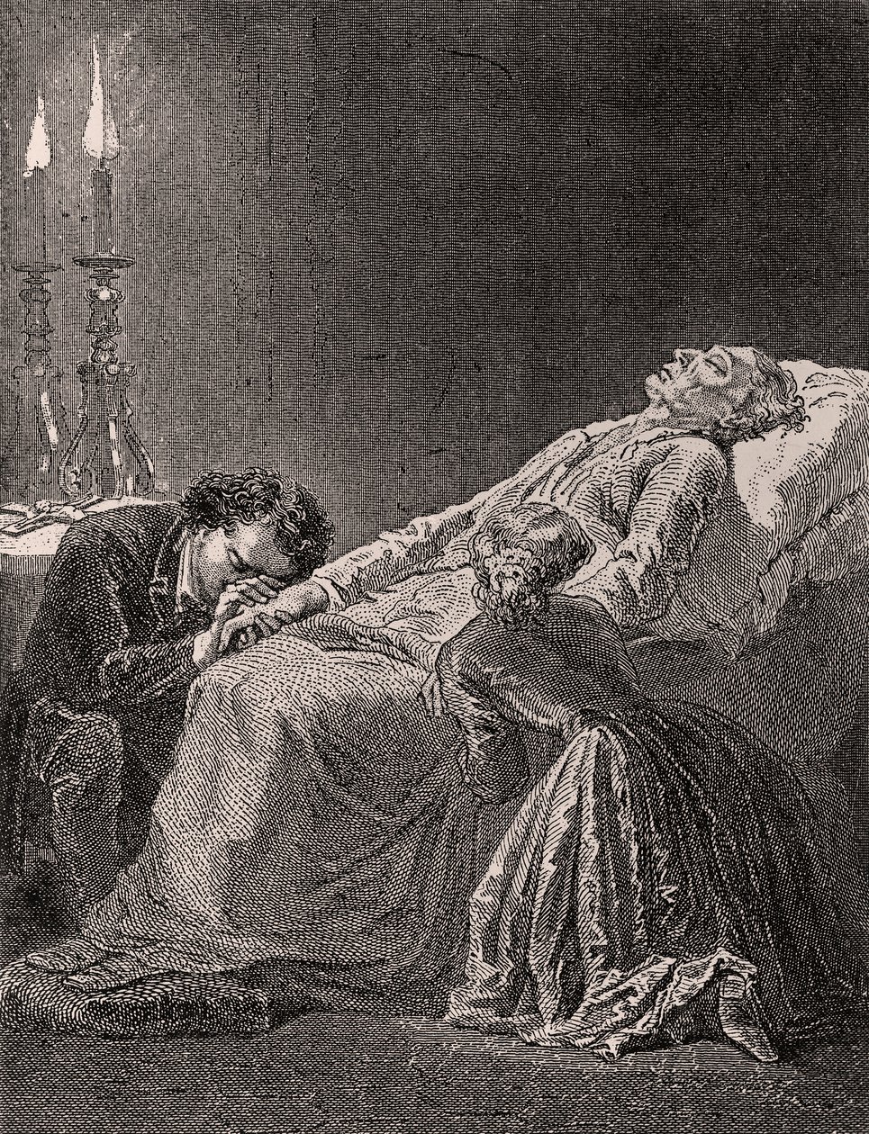 Jean Valjean halála Cosette és Marius között - illusztráció a Les Misérables-ből, 19. század (bw metszet) alkotó: Alphonse Marie de Neuville
