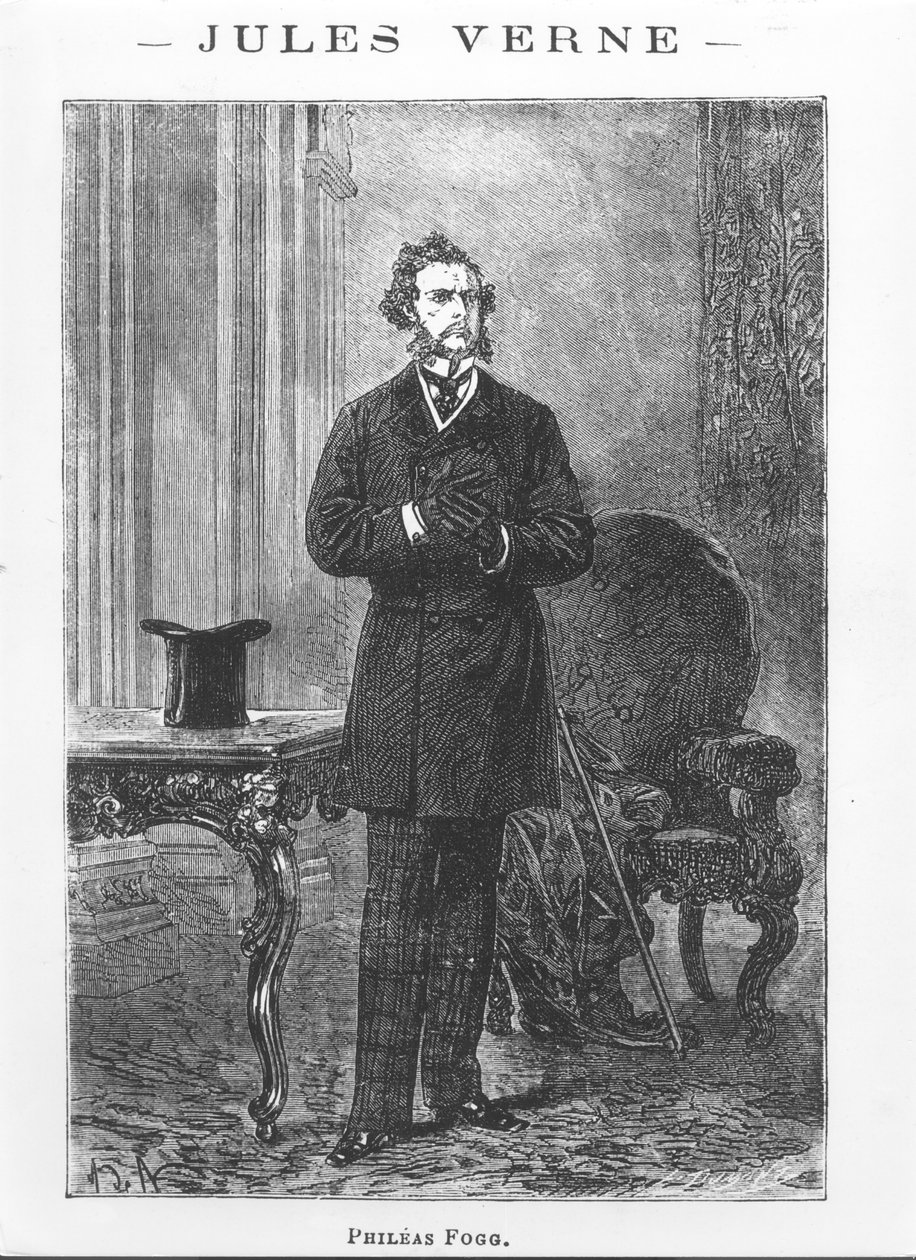 Phileas Fogg portréja, illusztrációja Jules Verne (1828-1905) „Nyolcvan nap alatt a világ körül” című művéből, Louis Dumont (sz. 1822) metszetével alkotó: Alphonse Marie de Neuville