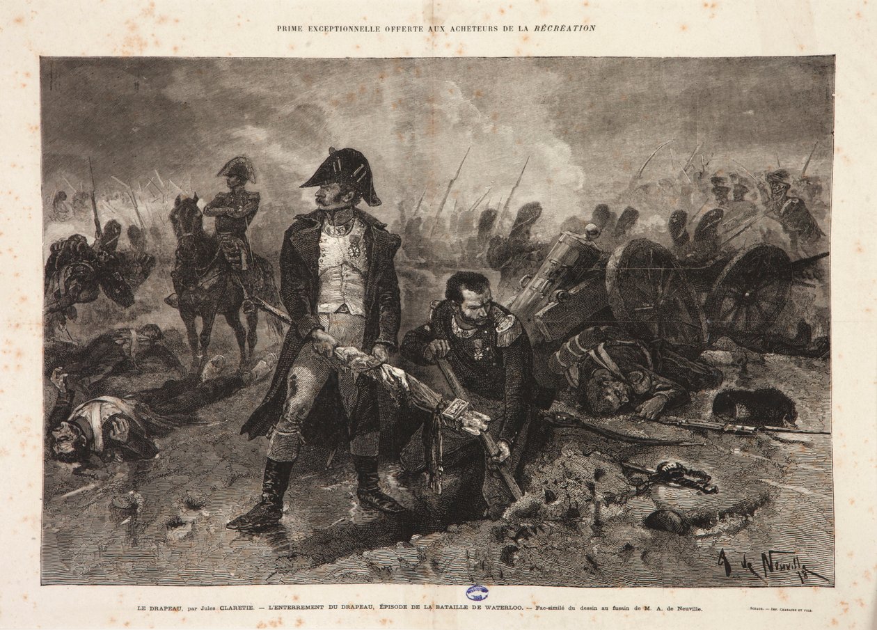 A zászló temetése, a waterlooi csata epizódja, vésette Jules Claretie, 1879 alkotó: Alphonse Marie de Neuville