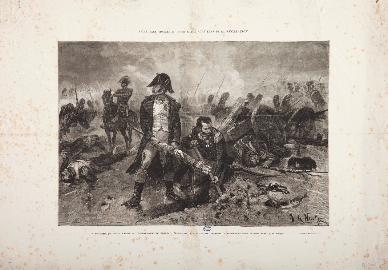 A zászló temetése, a waterlooi csata epizódja, metszet: Jules Claretie alkotó: Alphonse Marie de Neuville
