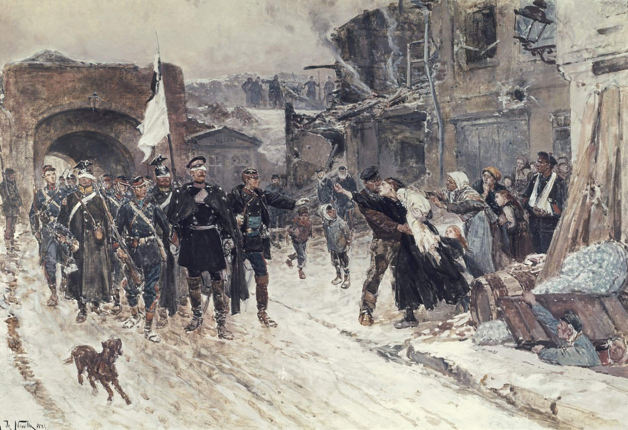 A fegyverszünet zászlóját viselő német parancsnok bejárata Belfortba, 1870. november 4., 1884. alkotó: Alphonse Marie de Neuville