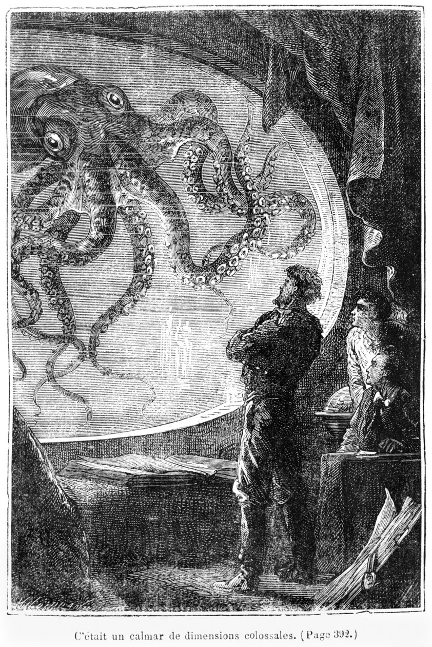 The Nautilus Passengers, illusztráció Jules Verne (1828-1905) „20 000 Leagues Under the Sea” című művéből, Henri Theophile Hildibrand (1824-1997) metszetében, Párizs, Hetzel, 1877-ben (bw pho) alkotó: Alphonse Marie de Neuville