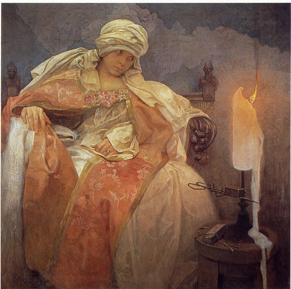 Nő égő gyertyával alkotó: Alphonse Mucha