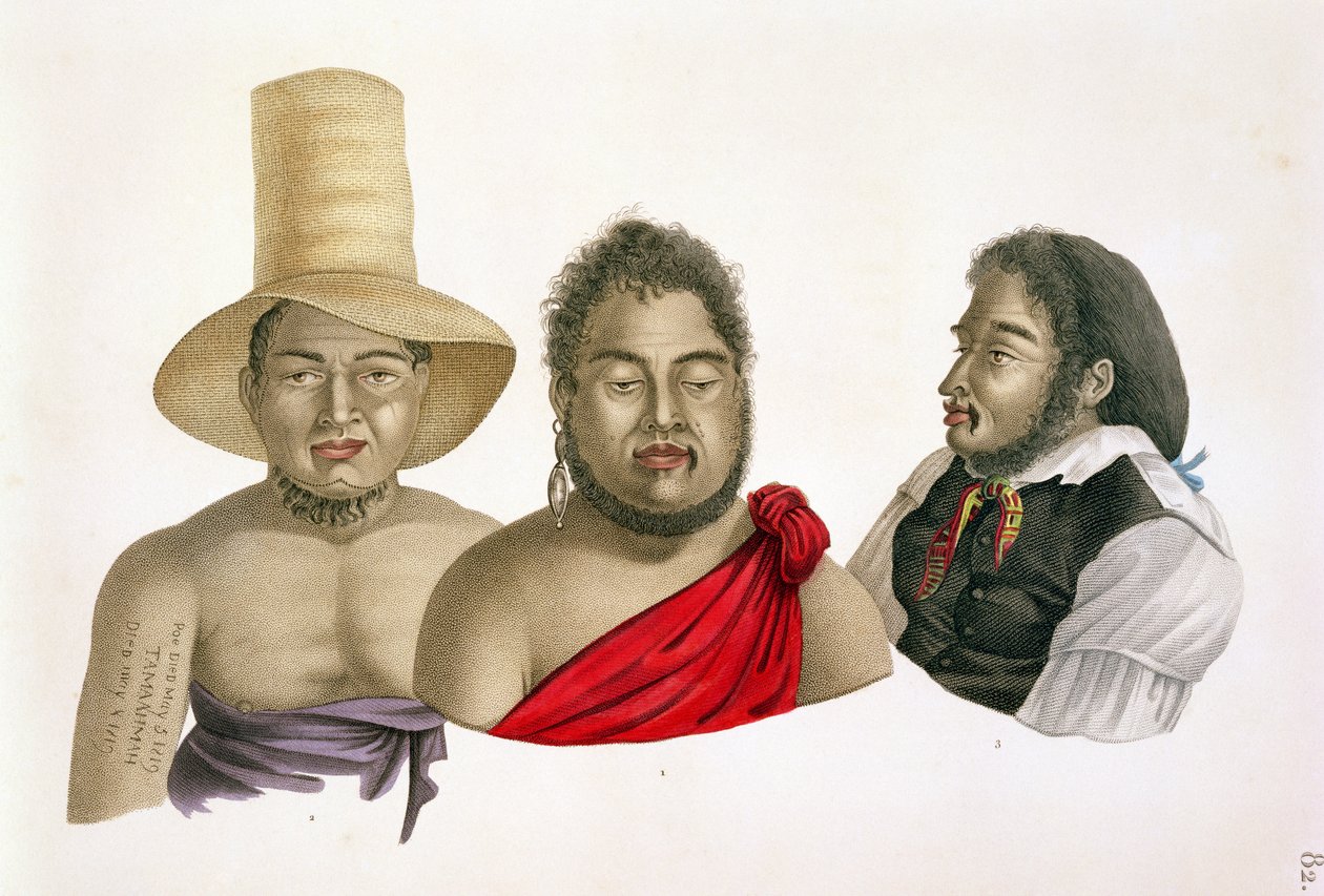 A Sandwich-szigetek vezetőinek portréi a „Voyage autour du Monde (1817-20)” című művéből, Louis Claude De Saulces de Freycinet (1779-1842) vésette A. Migneret, megjelent 1822-24 alkotó: Alphonse Pellion