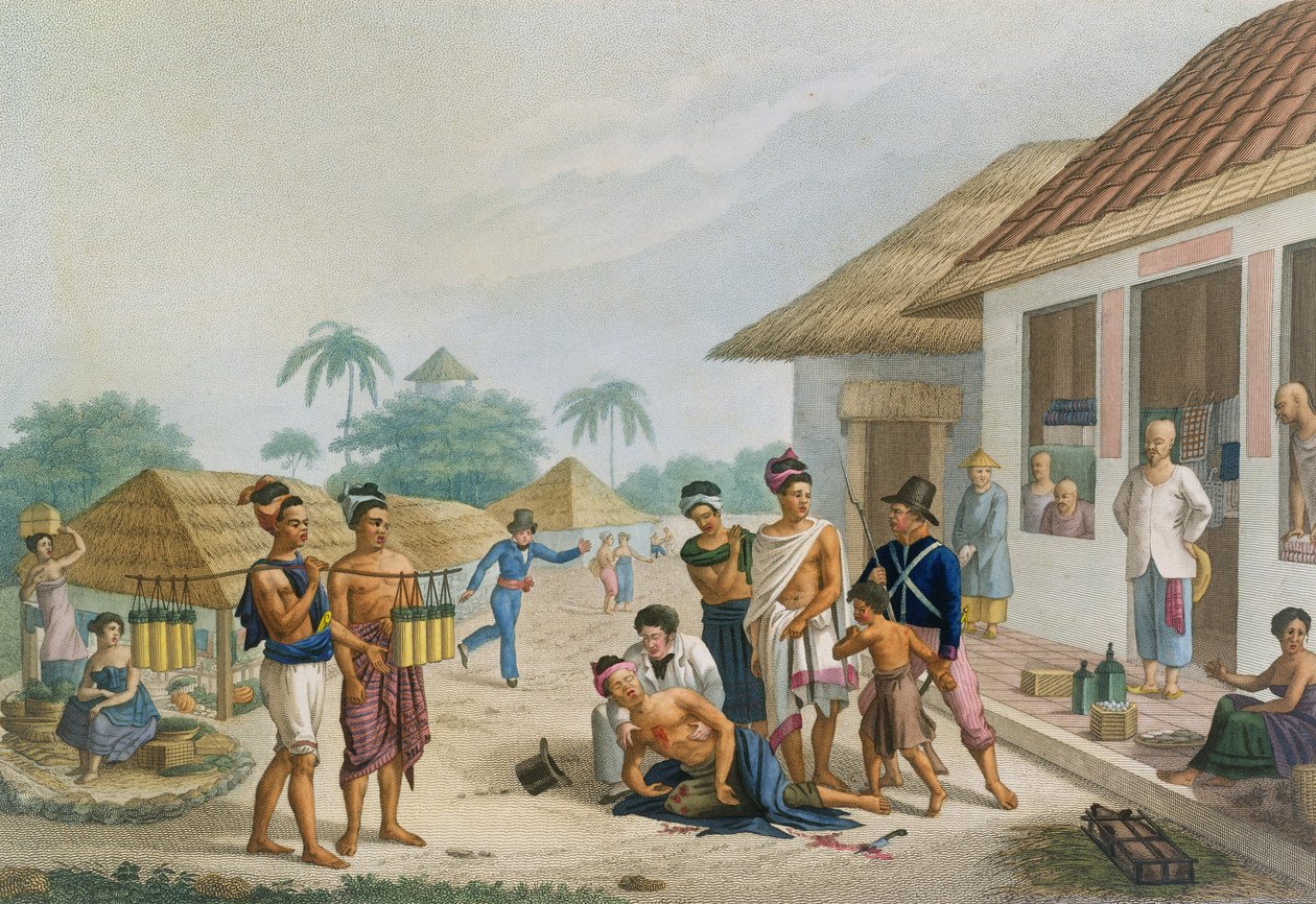 Kilátás a bazárra a timori Coupangban, a „Voyage Autour du Monde sur les Corvettes de L