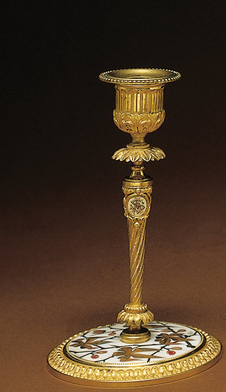 Gyertyatartó, egy Napóleon III. négyrészes íróasztal készletből, Duvinage és Harinckouk intarziája, 1877 körül alkotó: Alphonse Gustave Giroux