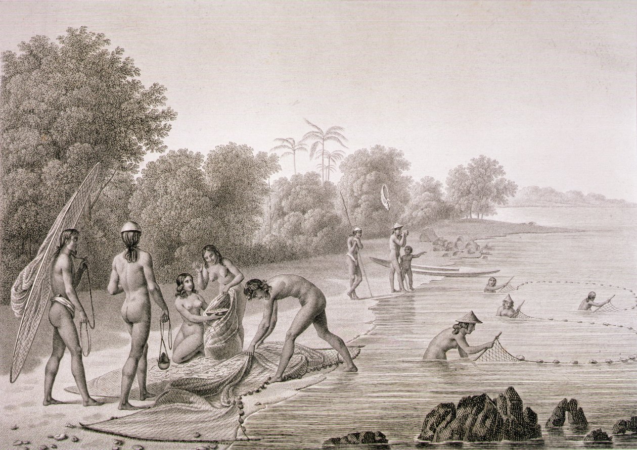 A Mariannák őslakosainak hagyományos halászati módszerei, Louis Claude Desaulses de Freycinet (1779-1842) "Voyage Autour du Monde (1817-20)" című művéből, Bovinet metszete, megjelent 1822-24-ben (litográfia). alkotó: Alphonse (after) Pellion
