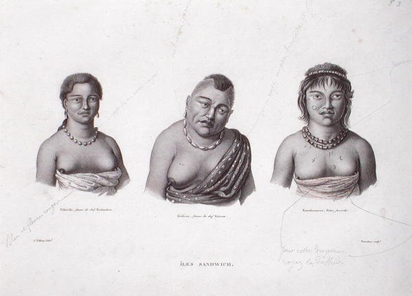 A hawaii főnökök feleségei a Sandwich-szigetekről, 1824 körül (metszet) alkotó: Alphonse (after) Pellion
