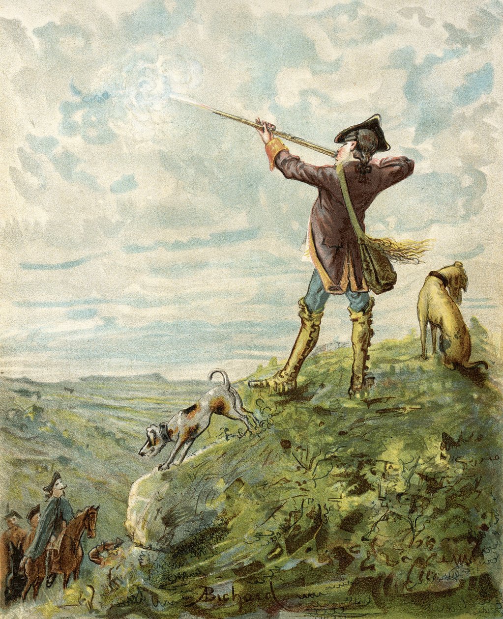 Münchausen báró egy csodálatos lövészre talált Kaliforniában, Rudolf Erich Raspe (1736-94) „Munkhausen báró kalandjai” című művéből, amely 1886 körül jelent meg (színes litó) alkotó: Alphonse Adolphe Bichard