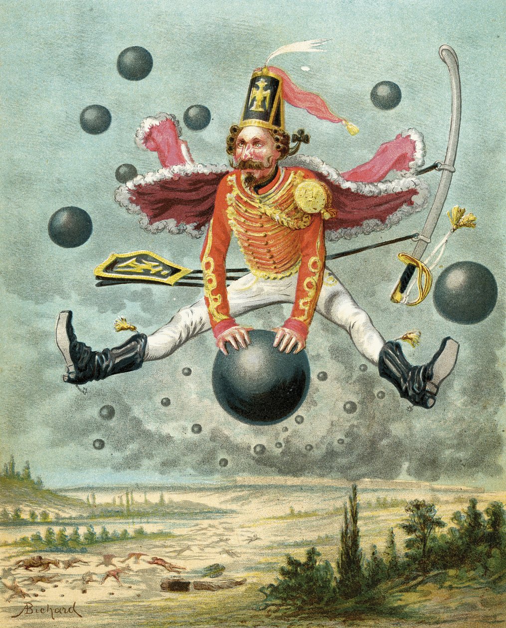 Münchausen báró ágyúgolyón ül a Tippoo-val vívott harc közben, Rudolf Erich Raspe (1736-94) „Münchausen báró kalandjai” című művéből, amely 1886 körül jelent meg (színes litó) alkotó: Alphonse Adolphe Bichard