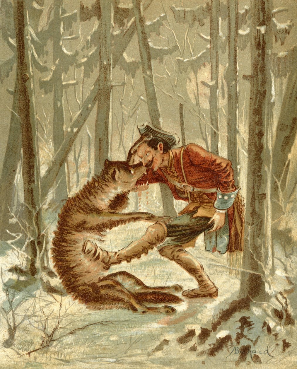 Münchausen báró találkozása egy farkassal, Rudolf Erich Raspe (1736-94) „Munkhausen báró kalandjai” című művéből, 1886 körül (színes litó) alkotó: Alphonse Adolphe Bichard
