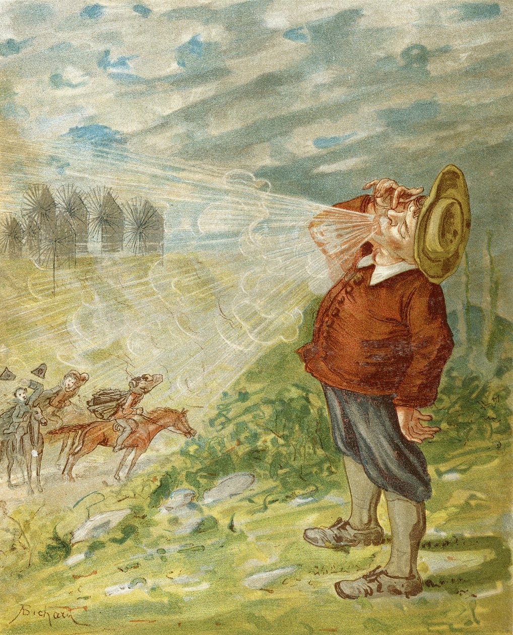 Hogyan szerezte meg Münchausen báró A fújtatót Rudolf Erich Raspe (1736-94) 1886 körül megjelent „Munkhausen báró kalandjai” című művéből. alkotó: Alphonse Adolphe Bichard