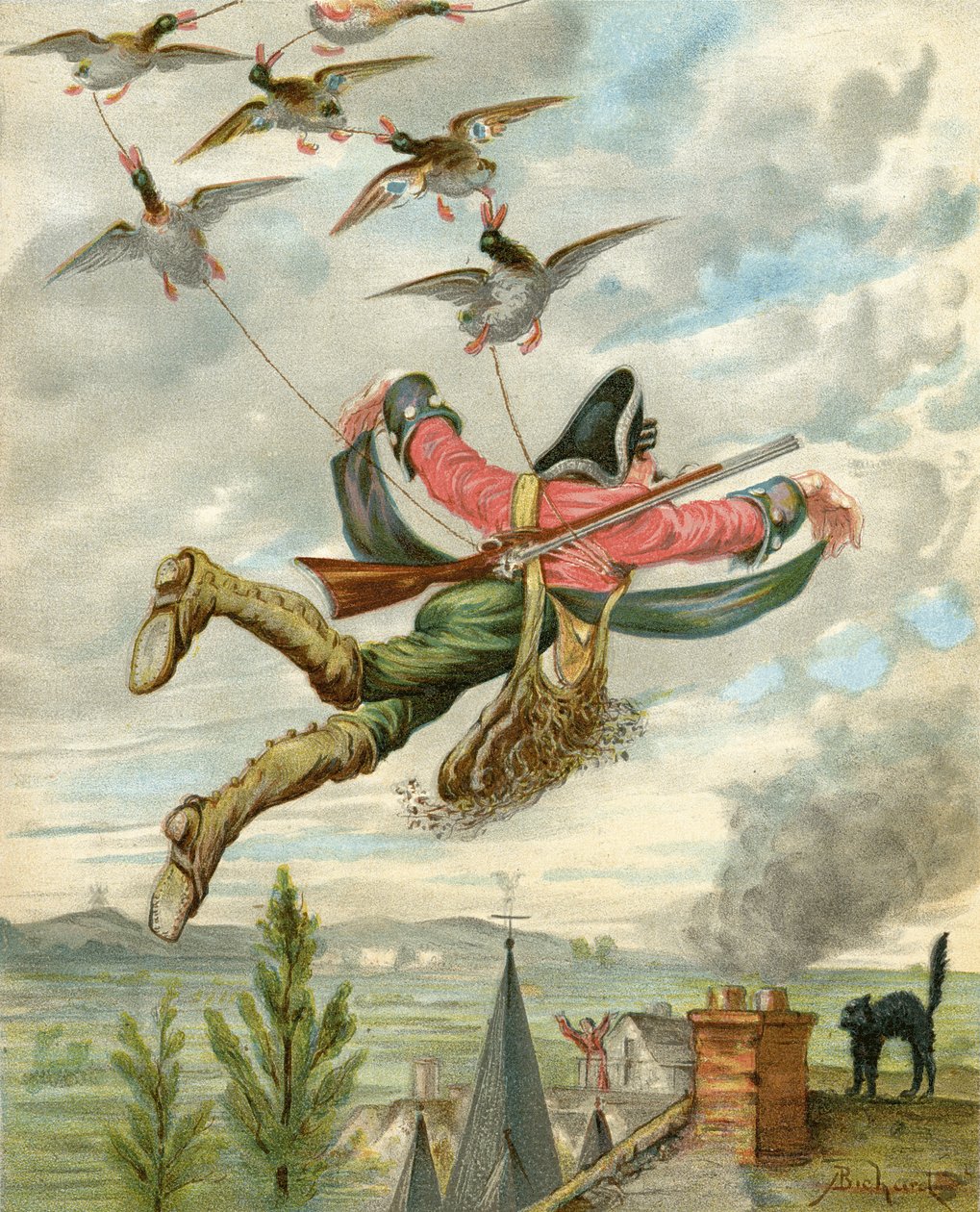 Kacsák emelik ki a földből, Rudolf Erich Raspe (1736-94) "Münchhausen báró kalandjai" című művéből, megjelent 1886 körül (színes litográfia). alkotó: Alphonse Adolphe Bichard