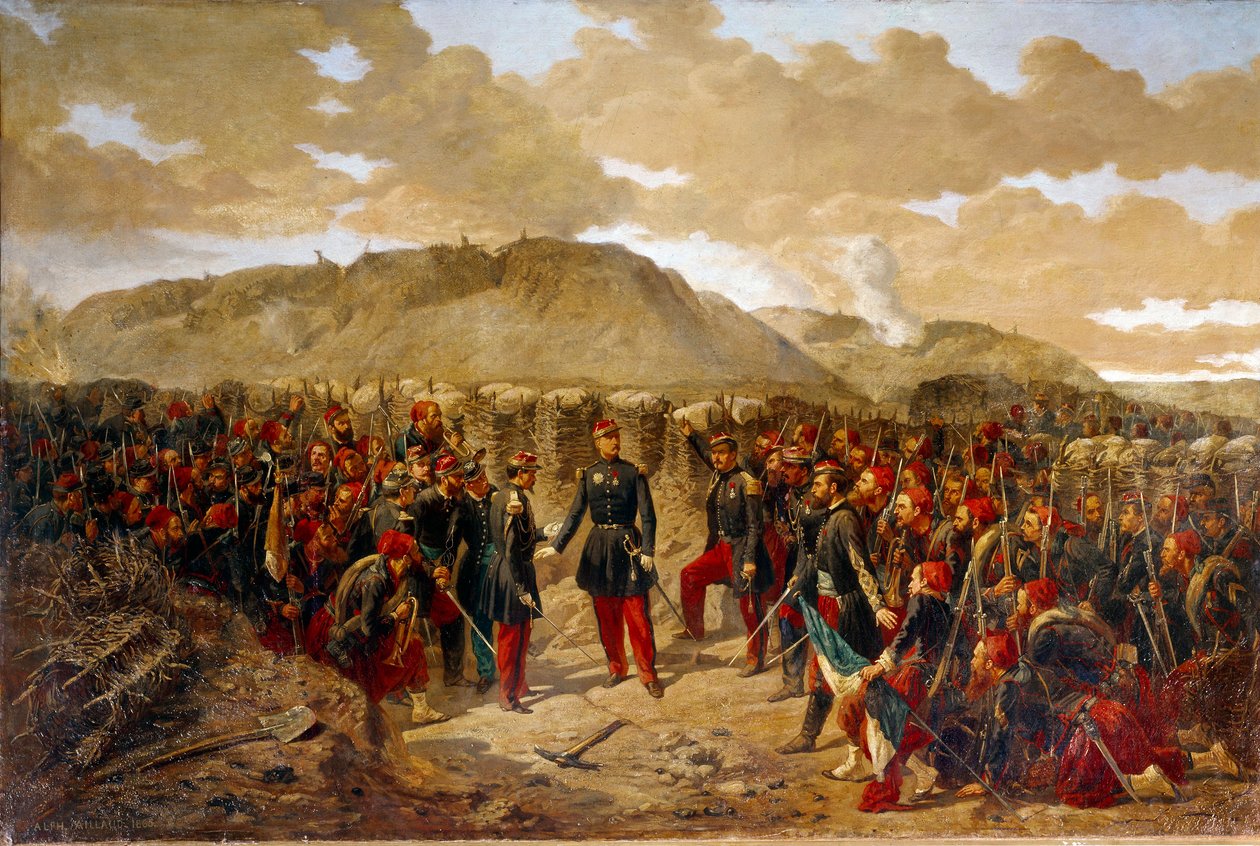 Krími háború (1853-1856): „” Mac-Mahon és az első Zouave-ok Malakoffba, 1855. 09. 8.” Mac Mahon tábornok (1808-1898) utolsó utasításait adta Collineau ezredes első zouáinak a sziget elfoglalása előtt. Malakoff Redoubt. Alphonse Aill festménye alkotó: Alphonse Antoine Aillaud