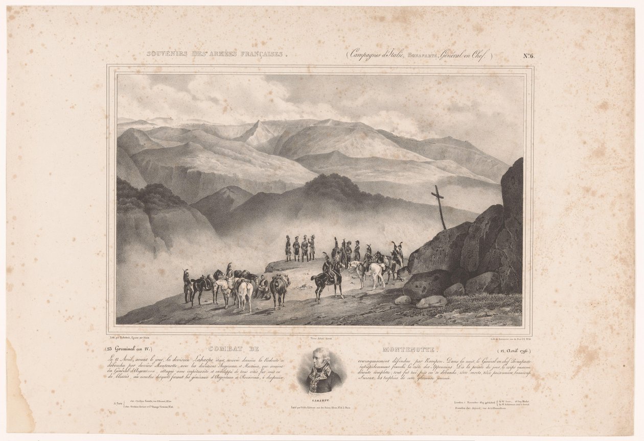 Katonák a montenottei csata előestéjén és Amédée Emmanuel François Laharpe portréja Combat de Montenotte (1796. április 12.) (cím a tárgyon) Emlékek a francia hadseregről (sorozat címe) Souvenirs des armées françaises (Campaigns d