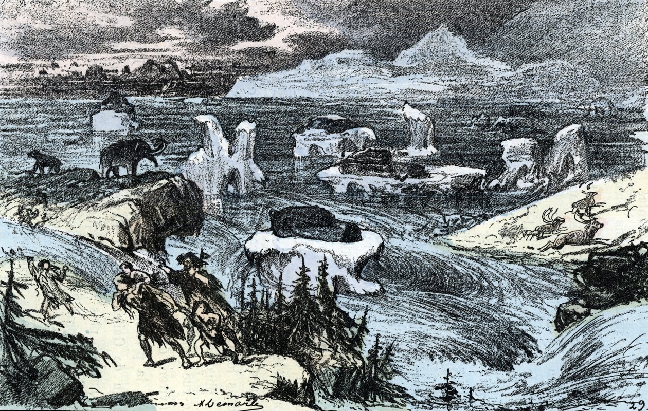 Őstörténet; árvíz Közép-Európában a jégkorszak végén Rengade 1881. évi „Természet és ember” metszete Magángyűjtemény alkotó: Alphonse Demarle