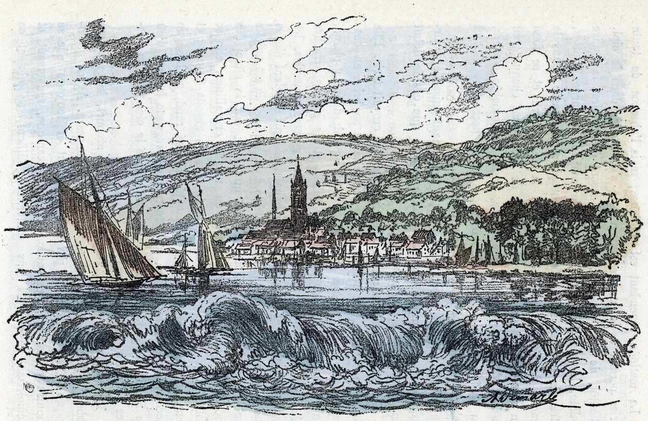 Kilátás a Szajna árapály-fúrására Caudebec-en-Caux-nál (Caudebec en Caux) a Szajna-tengerparton, Normandia (a Szajna árapály-fúrása Caudebec en Caux-nál, Normandia) Metszet a „” La nature et l