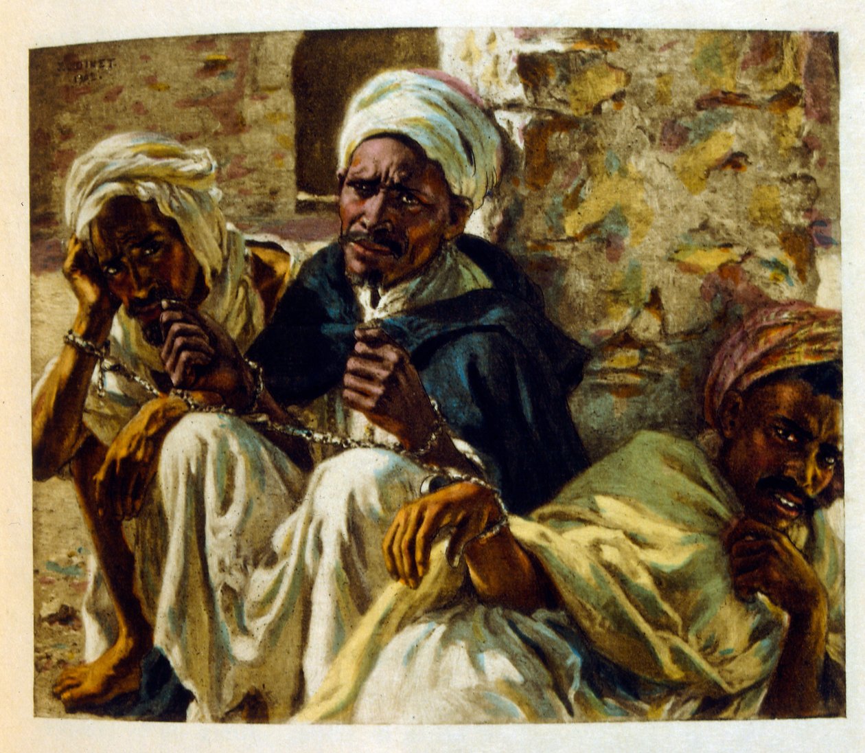 Dinet illusztrációja a "Káprázatok" arab életképekből. 1906. A Mirages, Scenes De La Vie Arab című kötetet Etienne Dinet illusztrálta Silman Ben Ibrahim Bamer kommentárjával. Nasreddine Dinet Alphonse-Etienne Dinet néven született; (1861-1929) francia szár alkotó: Alphonse Etienne Dinet