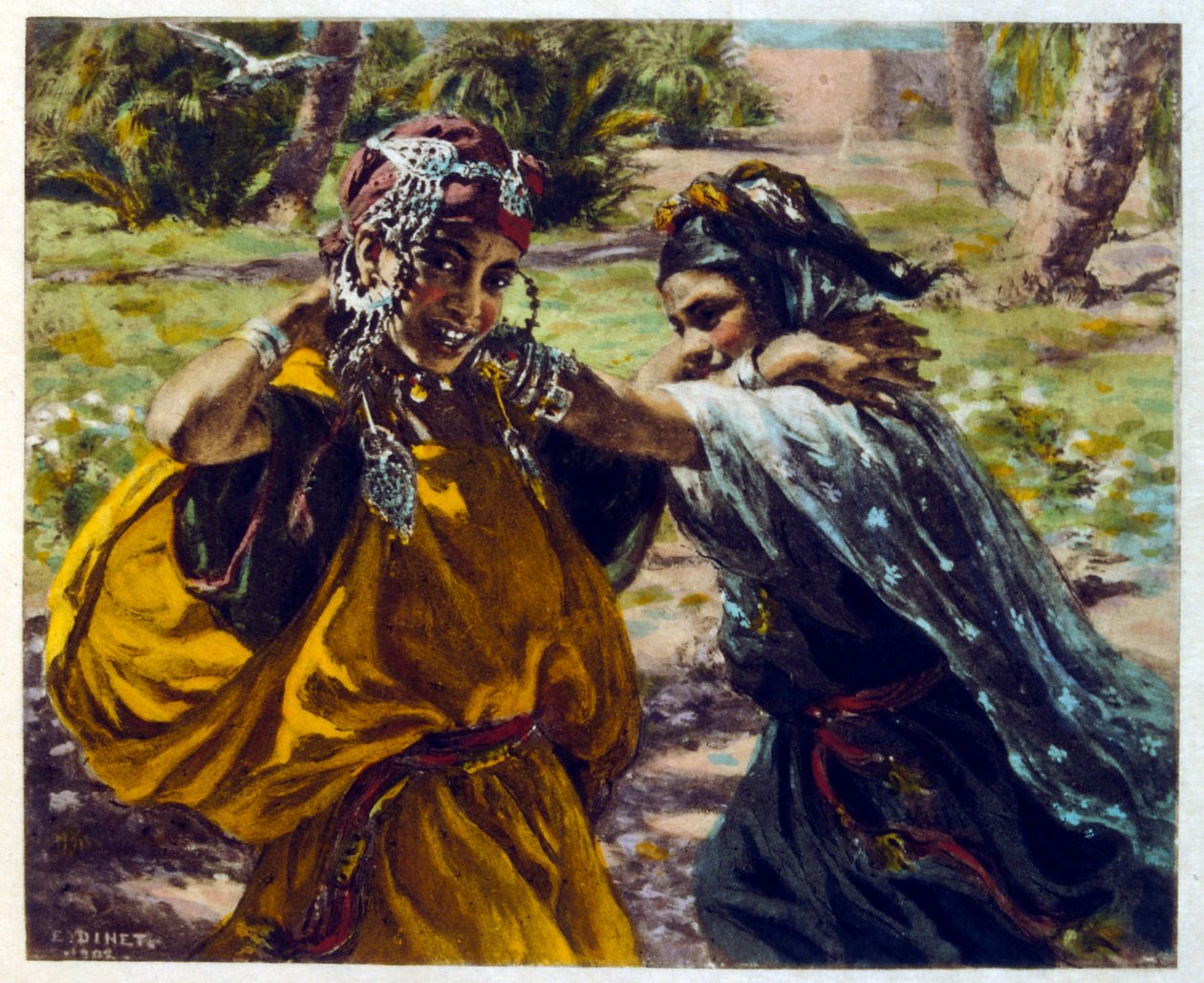 Illusztráció: Dinet az arab élet „Mirages” című darabjából. 1906. Mirages, Scénes De La Vie Arab című filmet Etienne Dinet illusztrálta Silman Ben Ibrahim Bamer kommentárjával. Nasreddine Dinet Alphonse-Étienne Dinet néven született; (1861-1929) francia ke alkotó: Alphonse Etienne Dinet
