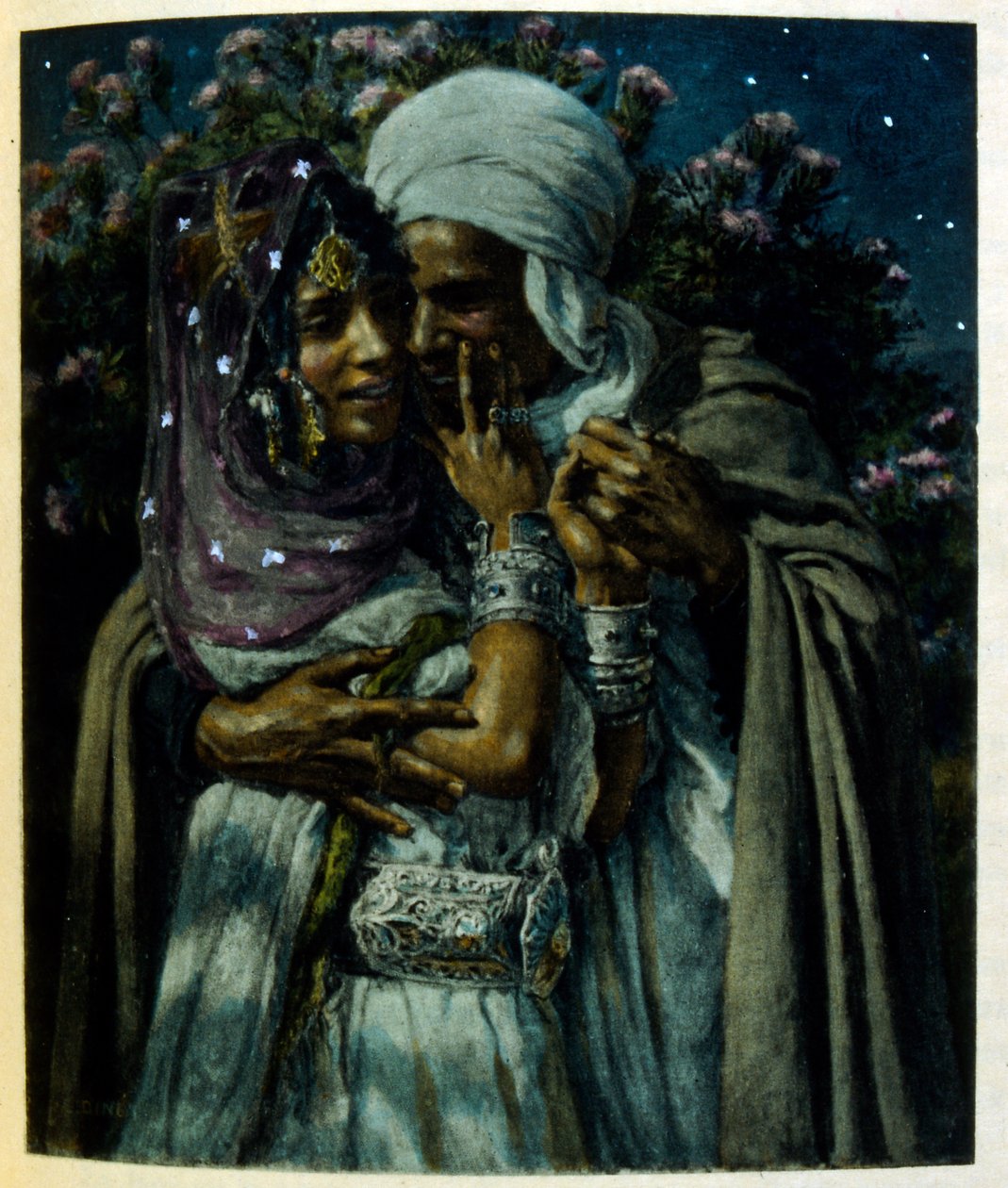 Illusztráció: Dinet az arab élet „Mirages” című darabjából. 1906. Mirages, Scénes De La Vie Arab című filmet Etienne Dinet illusztrálta Silman Ben Ibrahim Bamer kommentárjával. Nasreddine Dinet Alphonse-Étienne Dinet néven született; (1861-1929) francia ke alkotó: Alphonse Etienne Dinet