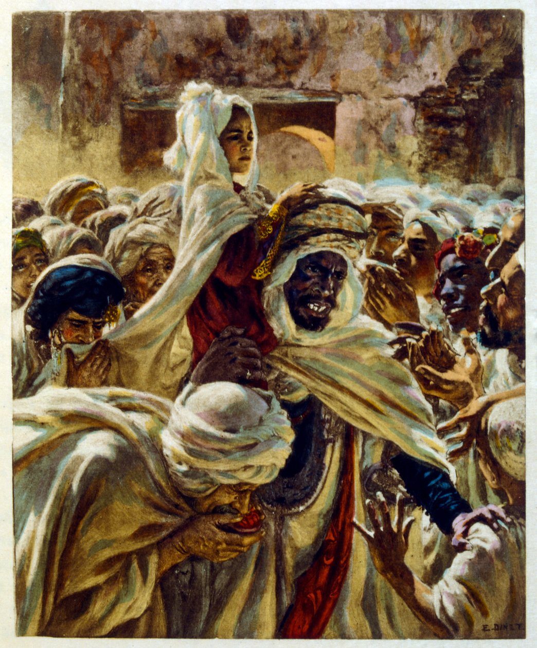 Illusztráció: Dinet az arab élet „Mirages” című darabjából. 1906. Mirages, Scénes De La Vie Arab című filmet Etienne Dinet illusztrálta Silman Ben Ibrahim Bamer kommentárjával. Nasreddine Dinet Alphonse-Étienne Dinet néven született; (1861-1929) francia ke alkotó: Alphonse Etienne Dinet