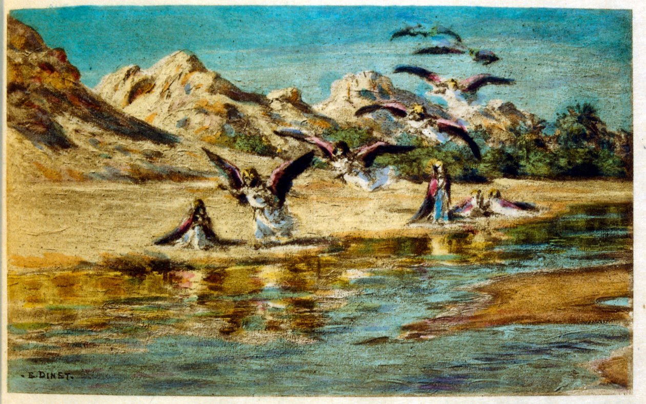 Illusztráció: Dinet az arab élet „Mirages” című darabjából. 1906. Mirages, Scénes De La Vie Arab című filmet Etienne Dinet illusztrálta Silman Ben Ibrahim Bamer kommentárjával. Nasreddine Dinet Alphonse-Étienne Dinet néven született; (1861-1929) francia ke alkotó: Alphonse Etienne Dinet