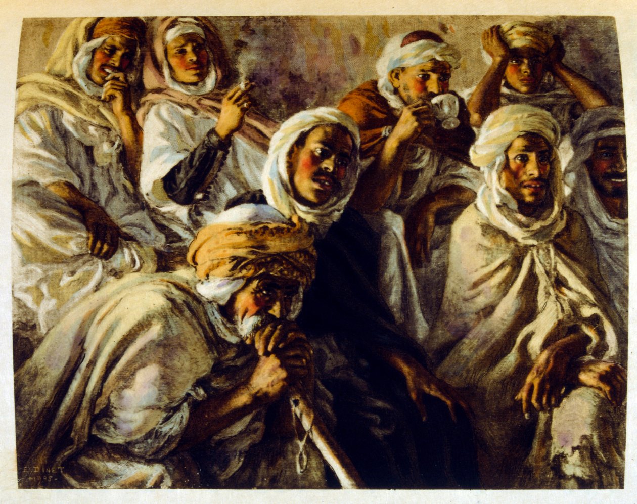 Illusztráció: Dinet az arab élet „Mirages” című darabjából. 1906. Mirages, Scénes De La Vie Arab című filmet Etienne Dinet illusztrálta Silman Ben Ibrahim Bamer kommentárjával. Nasreddine Dinet Alphonse-Étienne Dinet néven született; (1861-1929) francia ke alkotó: Alphonse Etienne Dinet