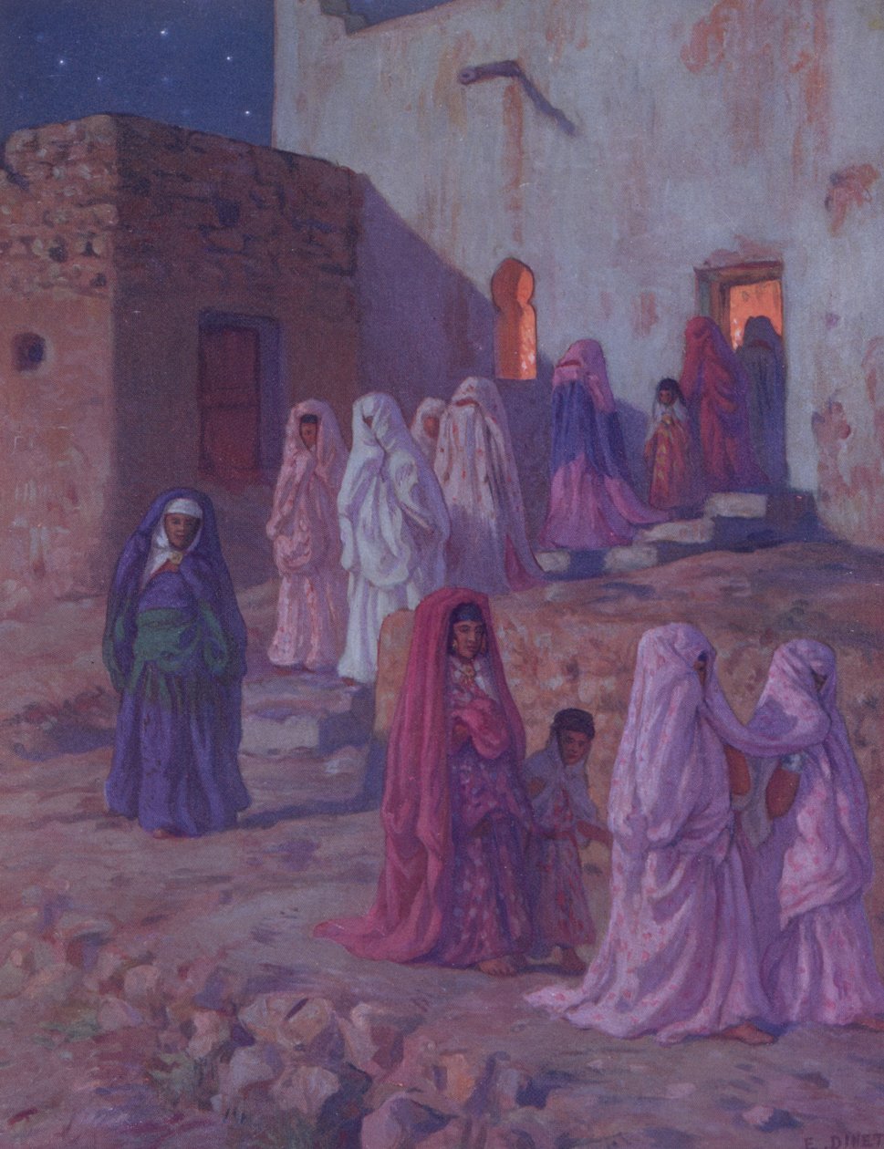 Muszlimok elhagyják a falu mecsetet Mouled estéjén, illusztráció Mohamed próféta életének történetéből, 1918-ban Párizsban alkotó: Alphonse Etienne Dinet