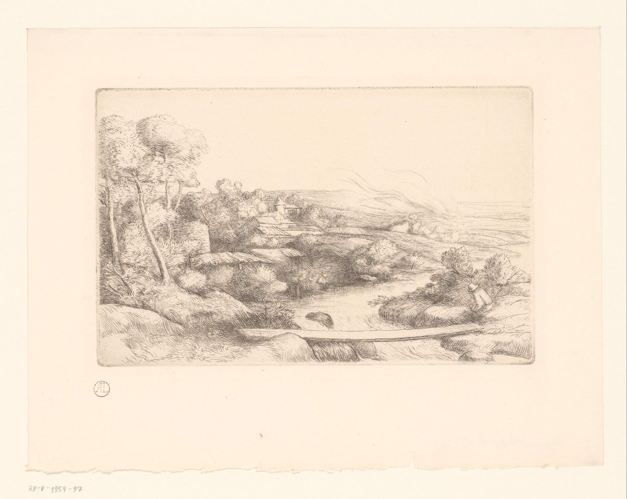Táj deszkával egy folyó felett la passerelle alkotó: Alphonse Legros (attributed to)