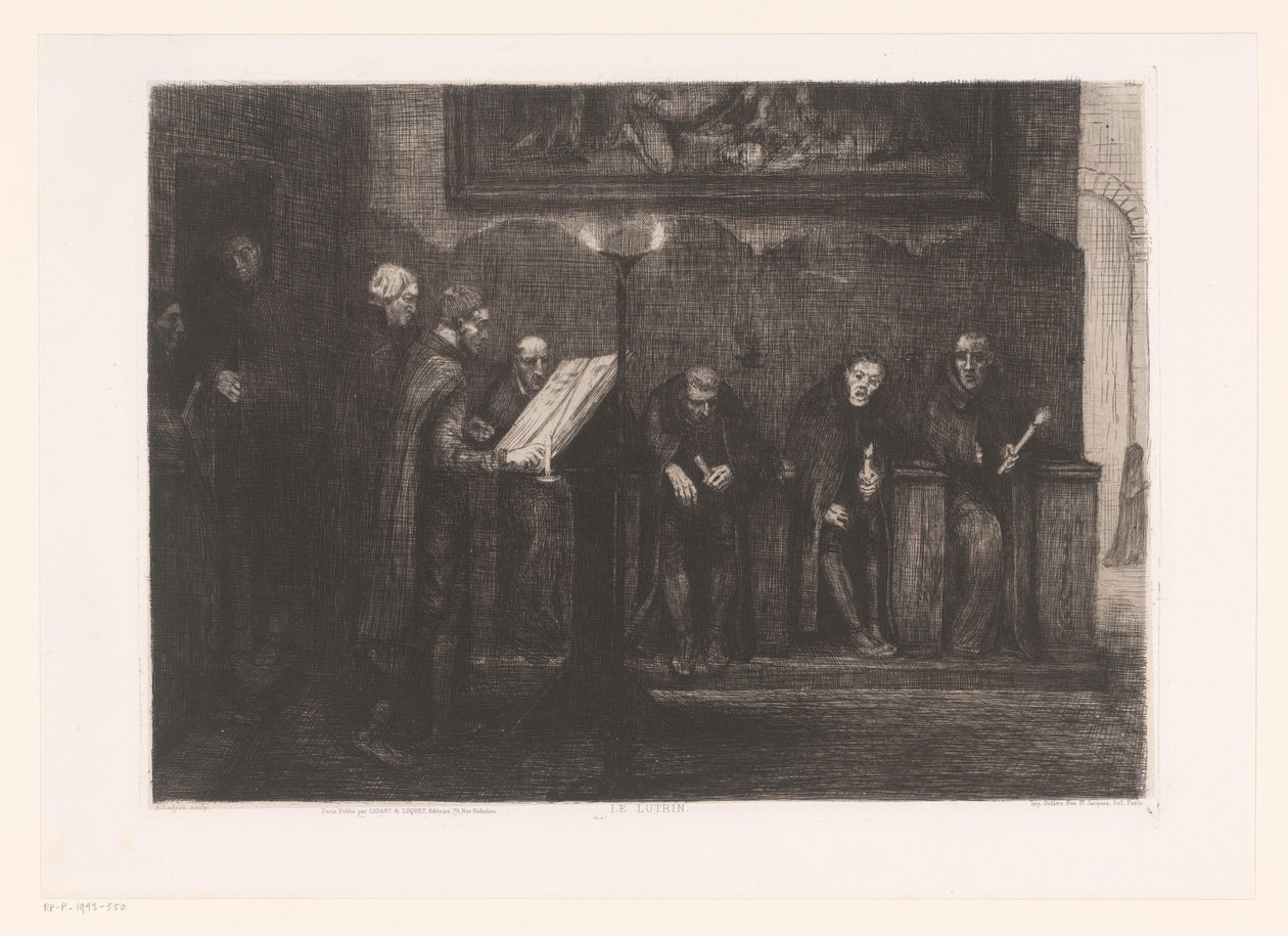 Nyolc férfi egy szónoki emelvény körül Le lutrin (cím a tárgyon) alkotó: Alphonse Legros
