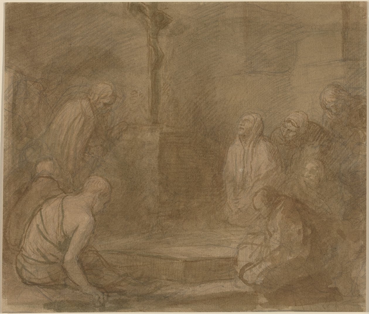 A kereszt lábánál (toll és barna tinta, grafitra barna mosással, rakott papírra) alkotó: Alphonse Legros