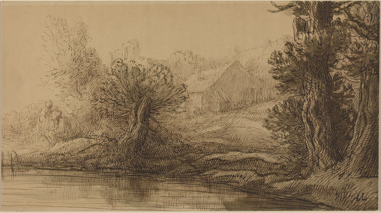 Egy folyó partja (toll és barna tinta, barna mosással, kartonra) alkotó: Alphonse Legros