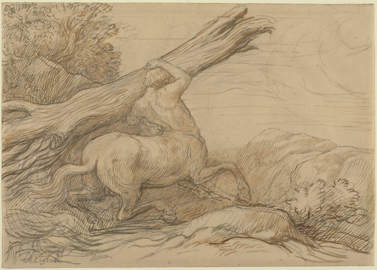 Kentaur egy fatörzset cipel (barna és zöld tinta grafitra) alkotó: Alphonse Legros