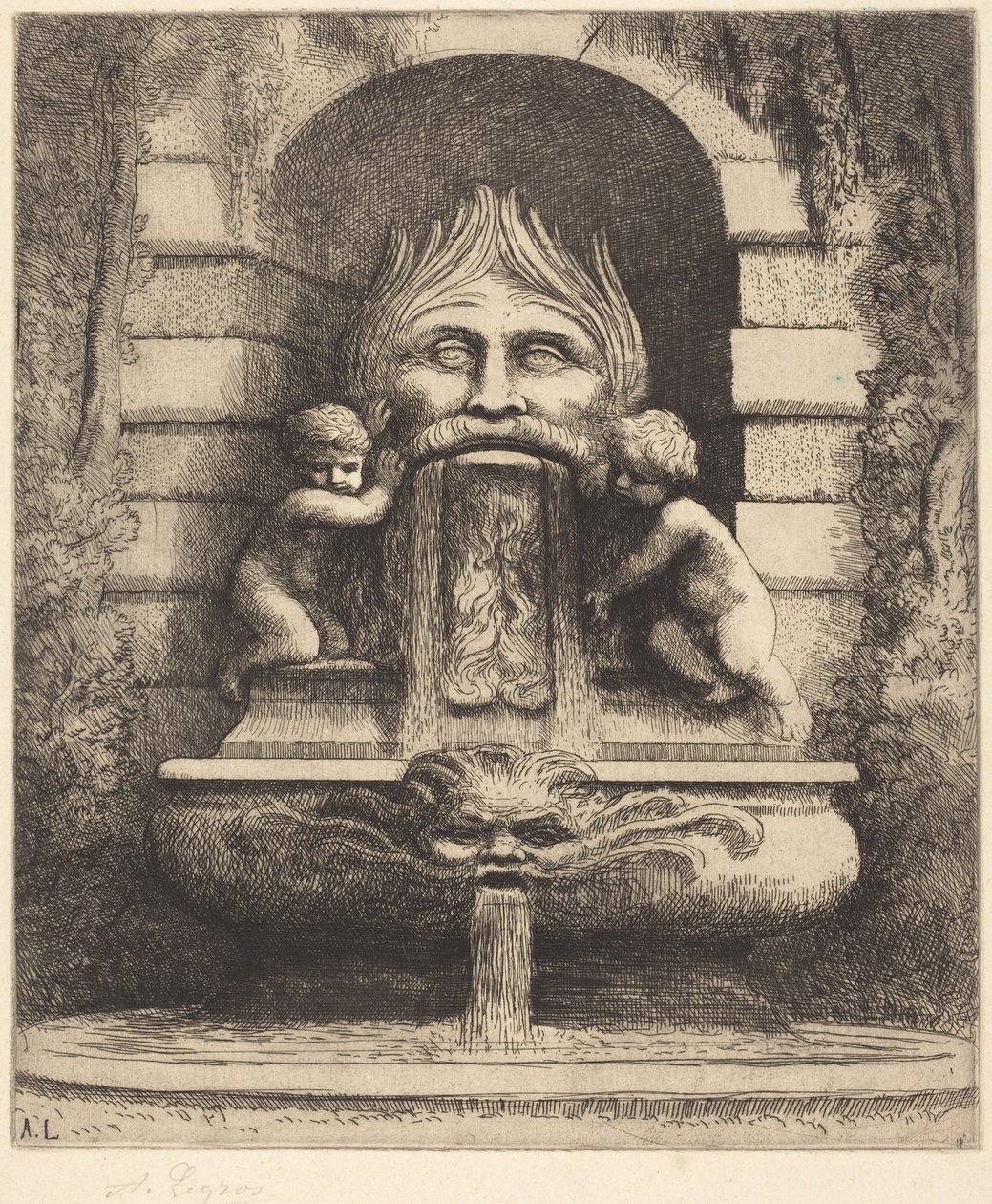 Szökőkút: Groteszk, gyerekek és medence (Une fountaine: Masque, enfants et bassin) alkotó: Alphonse Legros