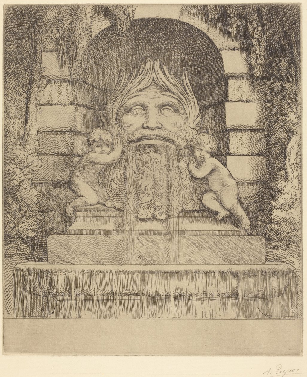 Szökőkút: Groteszk, gyerekek és medence (Une fountaine: Masque, enfants et bassin) alkotó: Alphonse Legros