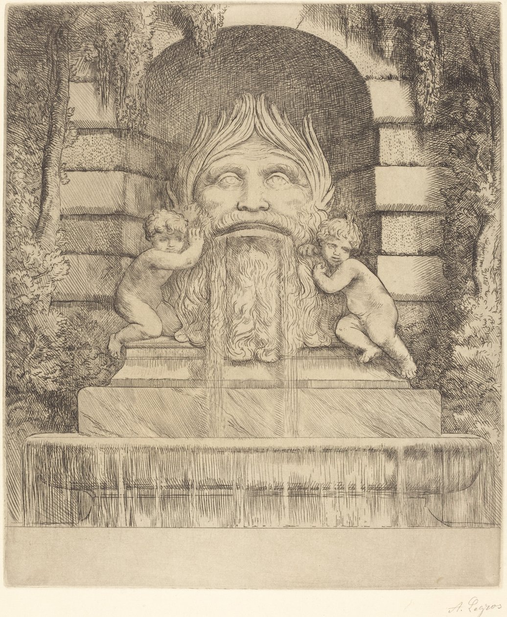 Szökőkút: Groteszk, Gyermekek és medence Une fountaine: Masque, enfants et bassin. alkotó: Alphonse Legros