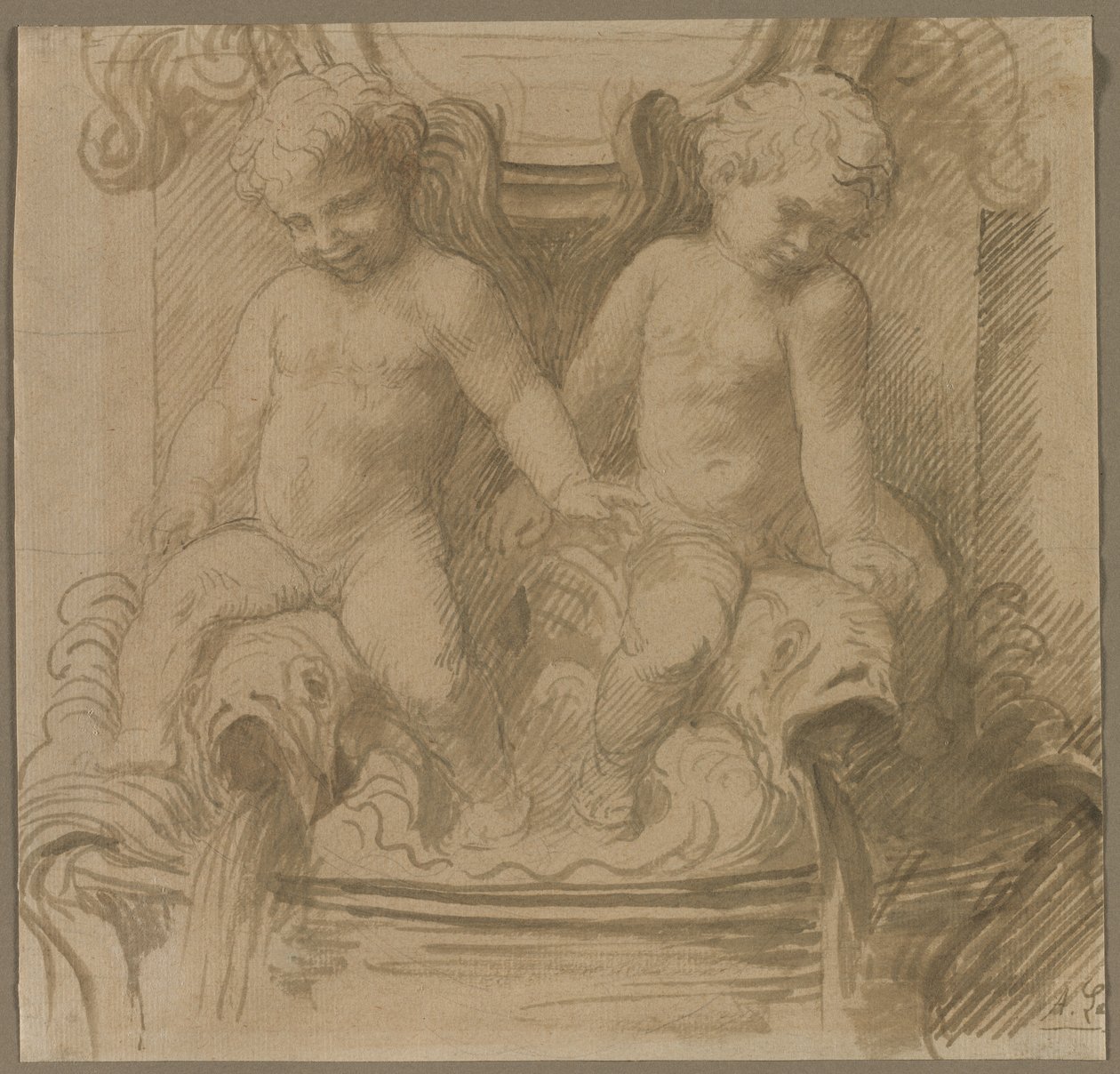 Szökőkút Putti lovagló delfinekkel, 1800-as évek utolsó fele. alkotó: Alphonse Legros