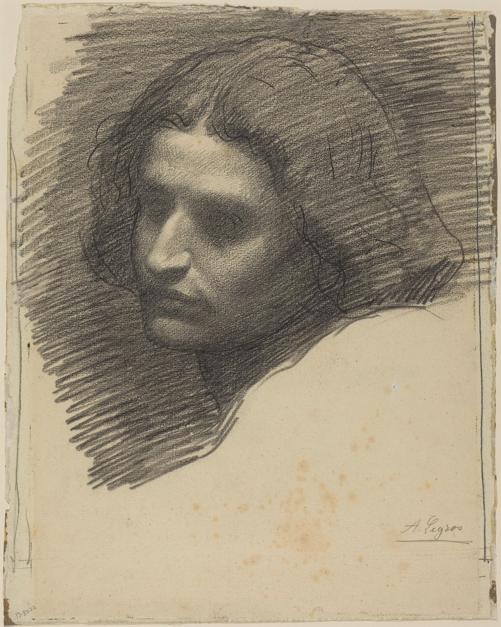Balra néző férfi feje [előlap] alkotó: Alphonse Legros
