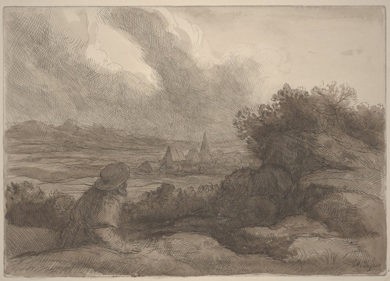 Táj (rézkarc szépia mosással) alkotó: Alphonse Legros