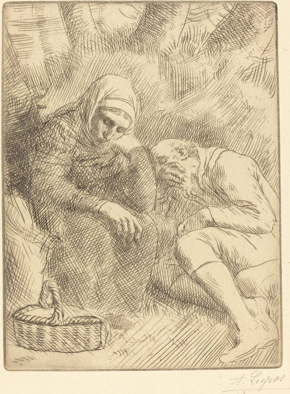 Férfi és feleség ül az út mellett egy kosárral alkotó: Alphonse Legros