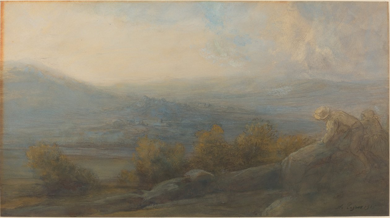 Hegyi táj két figurával a jobb oldalon alkotó: Alphonse Legros