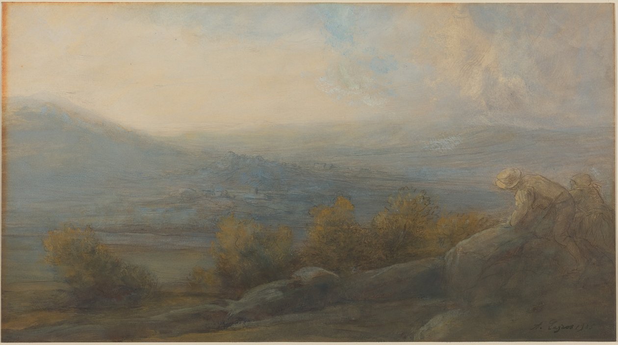 Hegyi tájkép két alakkal a jobb oldalon alkotó: Alphonse Legros