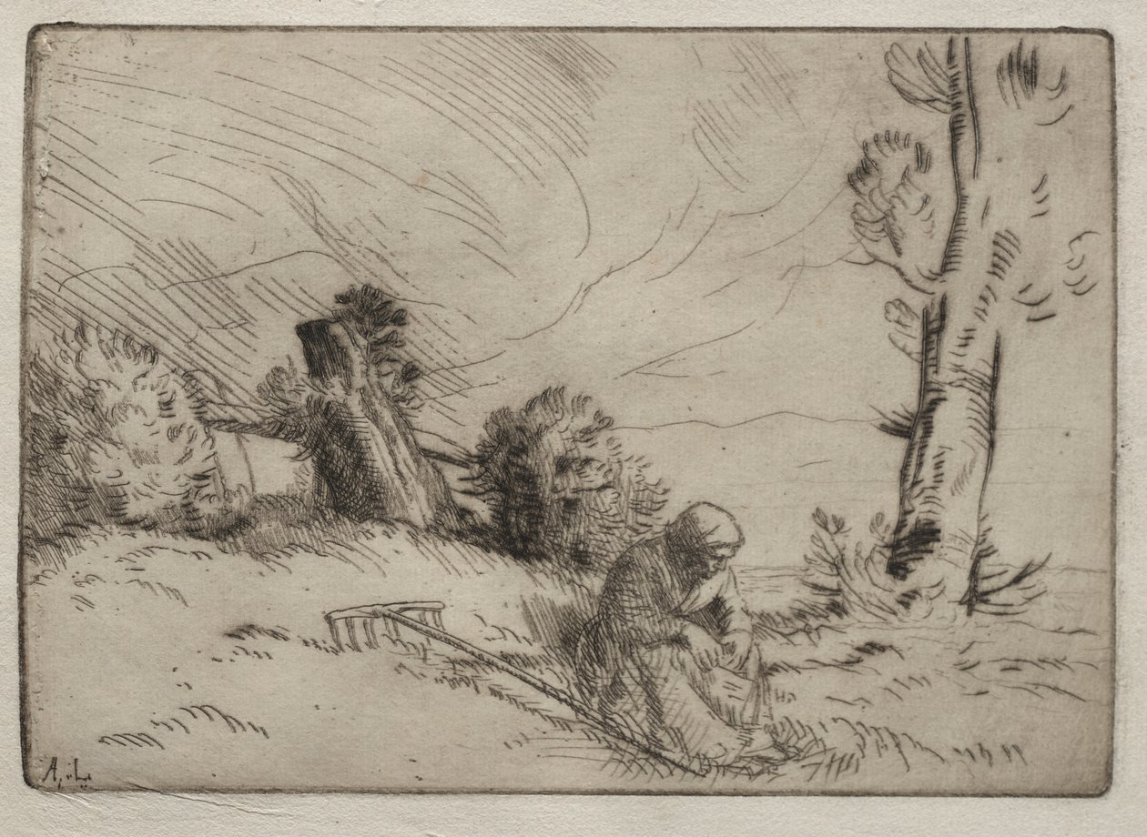 Parasztasszony ül egy sövény közelében alkotó: Alphonse Legros
