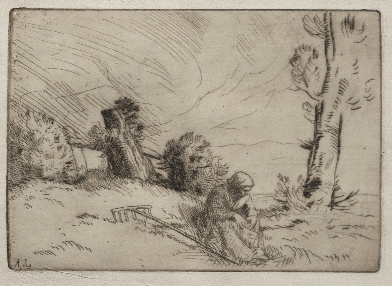 Parasztasszony ül egy sövény közelében. alkotó: Alphonse Legros