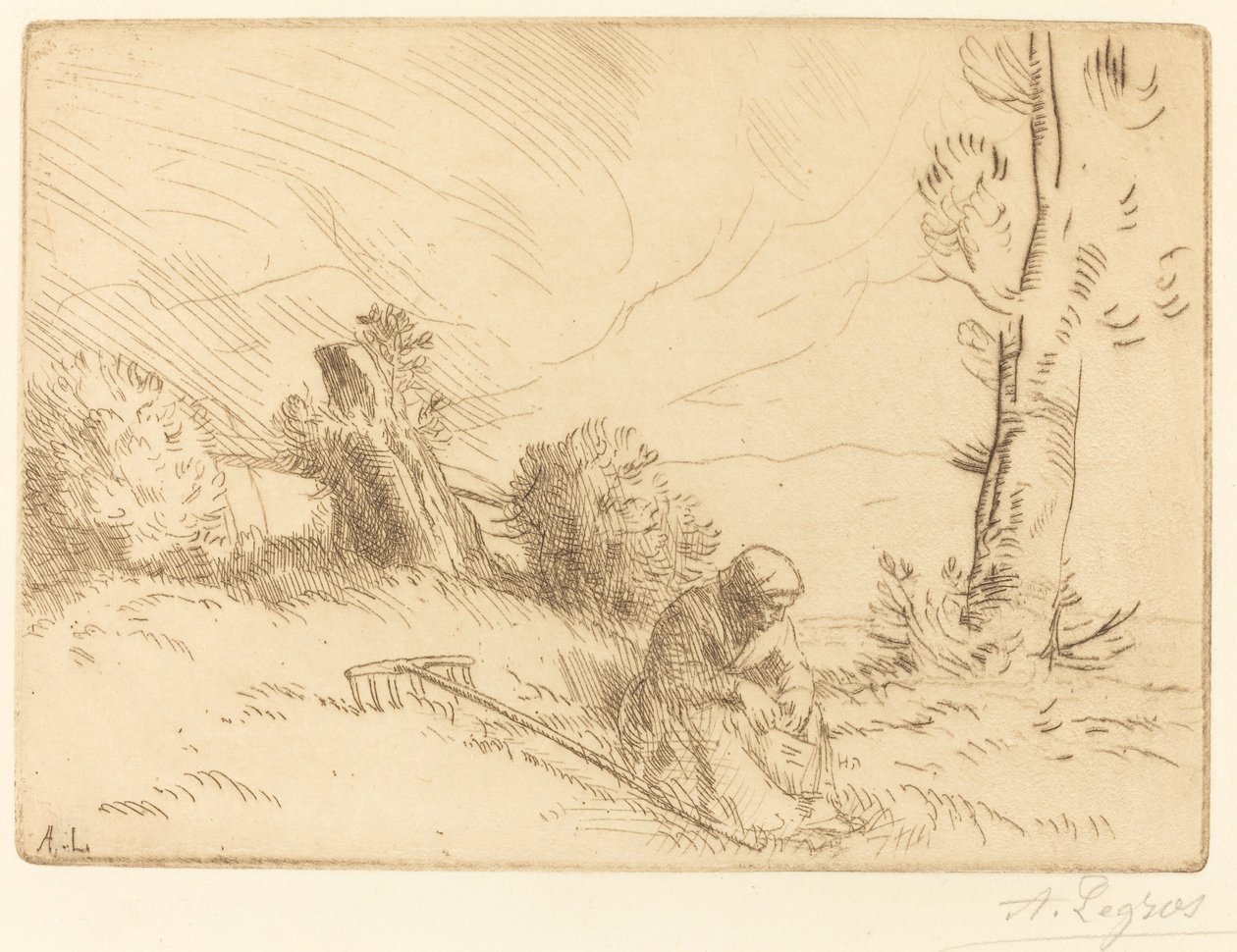 Parasztasszony ül egy sövény közelében alkotó: Alphonse Legros