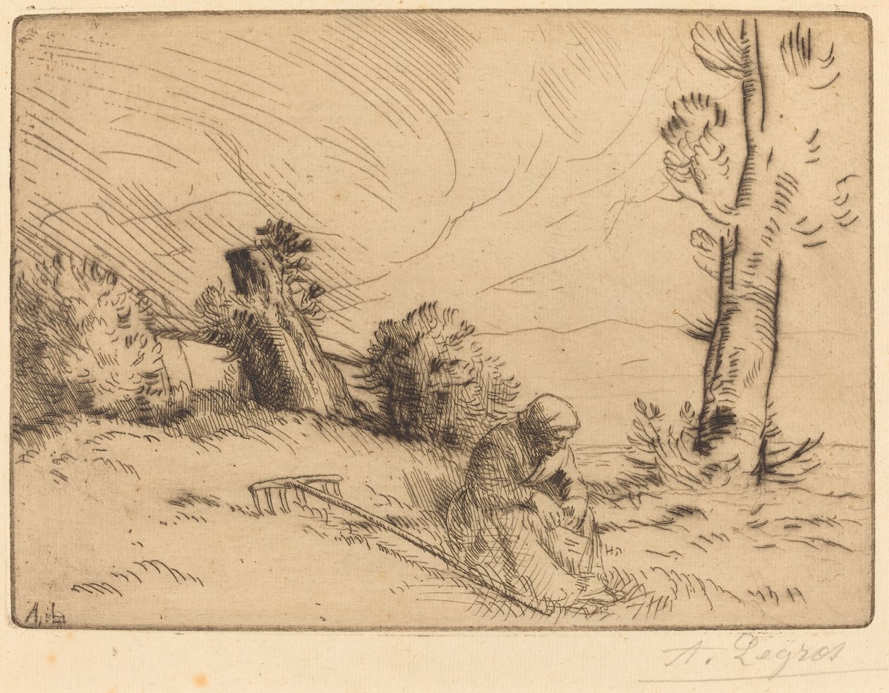 Parasztasszony ül egy sövény közelében alkotó: Alphonse Legros