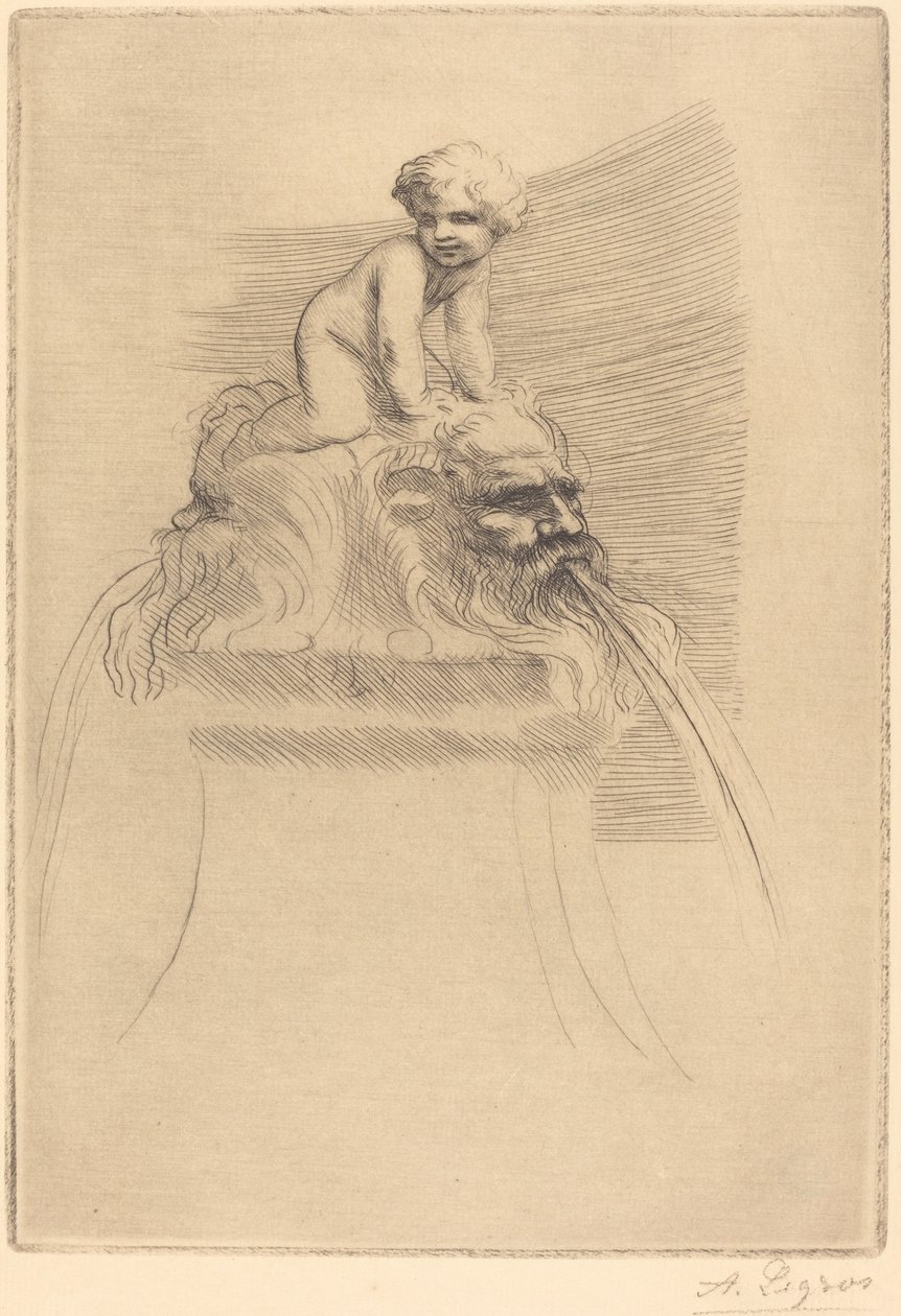 Kis szökőkút, gyerek játszik a groteszkeken Kis szökőkút, gyerek játszik a maszkokon. alkotó: Alphonse Legros