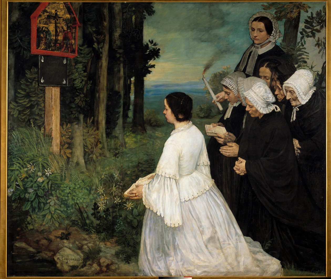 Az ex-voto nők (bretonok népviseletében?) gyülekeznek egy ex vót előtt. Alphonse Legros (1837-1911) festménye 1860 V. 1,74x1,97 m Dijon, Szépművészeti Múzeum alkotó: Alphonse Legros