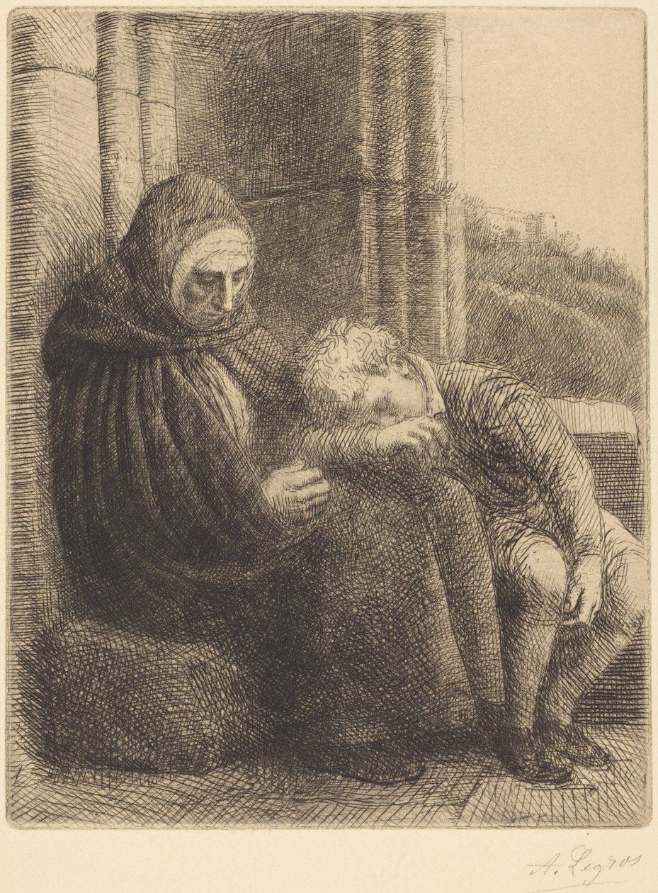 A falnak támaszkodva ülő nő, a fejét az ölébe hajtó gyermek (Ülő nő, háttérben a fal, a fejét az ölébe hajtó gyermek) alkotó: Alphonse Legros